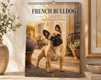 May include: A 2027 wall calendar featuring a tan French Bulldog standing on a stone patio. The text reads FRENCH BULLDOG 2027 EXTRA-LARGE WALL CALENDAR and PLAYFUL SOUL LOYAL HEART PART OF THE STORY. The calendar is bound with a black metal spiral coil.