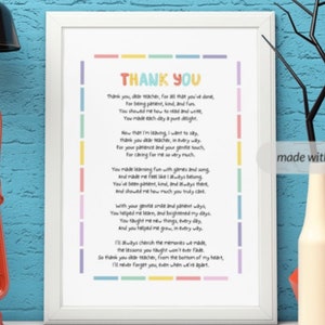 Poema de agradecimiento profesora, descarga digital para imprimir en casa.