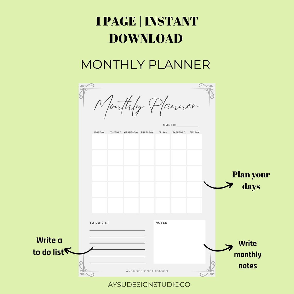 Monthly Planner Printable Minimal Schedule Instant Download Etsy
