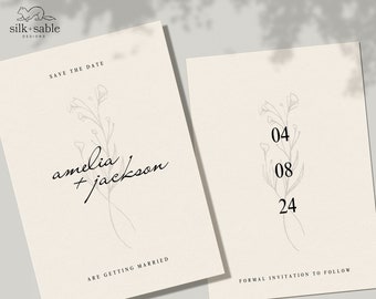 Minimal Floral, 5x7 Save The Date Wedding Template, Digital Download