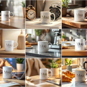 May include: A collection of white ceramic mugs with the text "Mug" and "Mockup" printed on them. The mugs are displayed on various surfaces, including wooden tables, a nightstand, and a countertop.