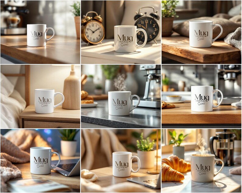 May include: A collection of white ceramic mugs with the text "Mug" and "Mockup" printed on them. The mugs are displayed on various surfaces, including wooden tables, a nightstand, and a countertop.