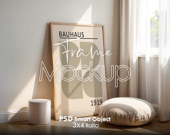 May include: A beige and brown geometric abstract art print in a wooden frame with the text "Bauhaus Frame Mockup 1919" and "PSD Smart Object 3x4 Ratio".
