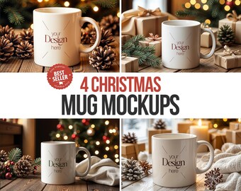 May include: Four white ceramic mugs with a Christmas theme. Each mug has the text "your design here" printed on it. The mugs are arranged in a festive setting with pine branches, pine cones, and gift boxes.