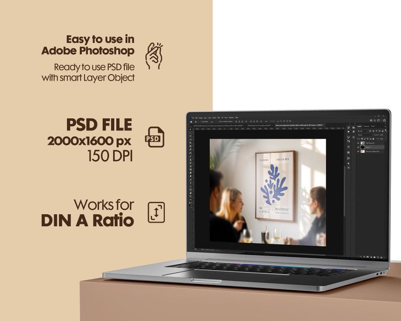May include: A laptop computer displaying a mockup of a poster with a blue and white abstract design. The poster is in a wooden frame and is hanging on a wall. The laptop screen also shows the Photoshop interface with layers and tools. The text on the poster reads "Nature".