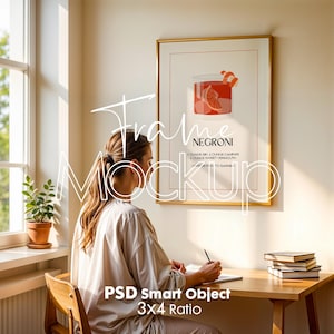 Frame Mockup With Person, DIN A Ratio, Thin Wood Frame, Vertical Frame Mockup DIN A ratio,  Mockup Home Interior Frame PSD