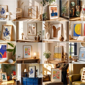May include: A collection of framed art prints with various designs, including abstract shapes, floral patterns, and geometric designs. The prints are displayed in a variety of settings, including living rooms, bedrooms, and offices.