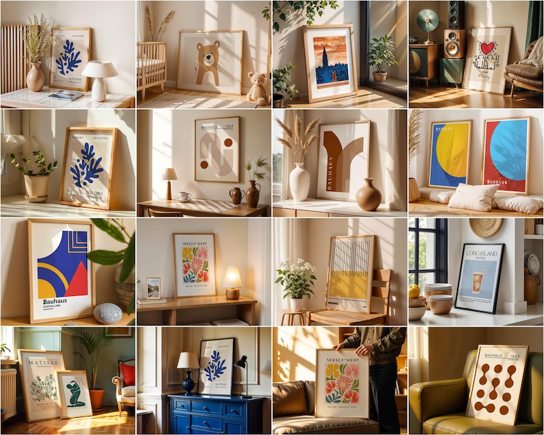 May include: A collection of framed art prints with various designs, including abstract shapes, floral patterns, and geometric designs. The prints are displayed in a variety of settings, including living rooms, bedrooms, and offices.