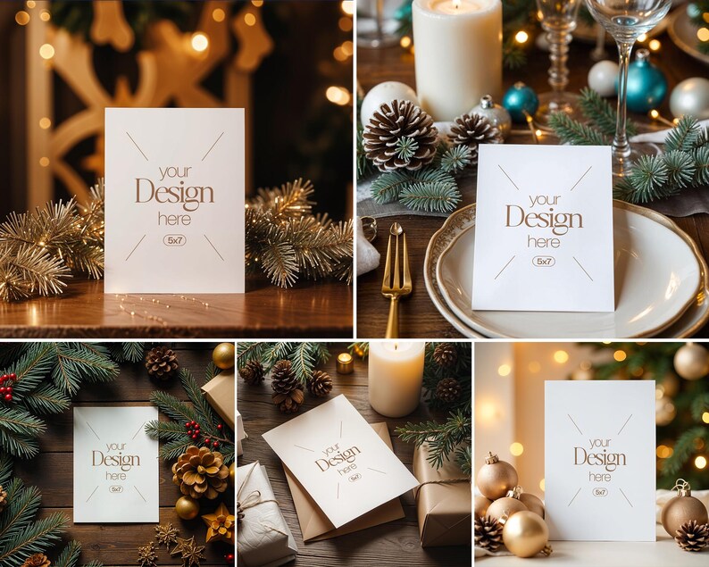 May include: A set of six blank greeting cards with a gold design and the text "your design here (5x7)" on each card. The cards are surrounded by pine branches, ornaments, and lights, creating a festive Christmas theme.