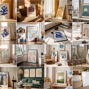 May include: A collection of 16 framed art prints with various abstract designs, including geometric shapes, floral patterns, and nature-inspired motifs. The prints are displayed in a variety of settings, including living rooms, bedrooms, and offices.