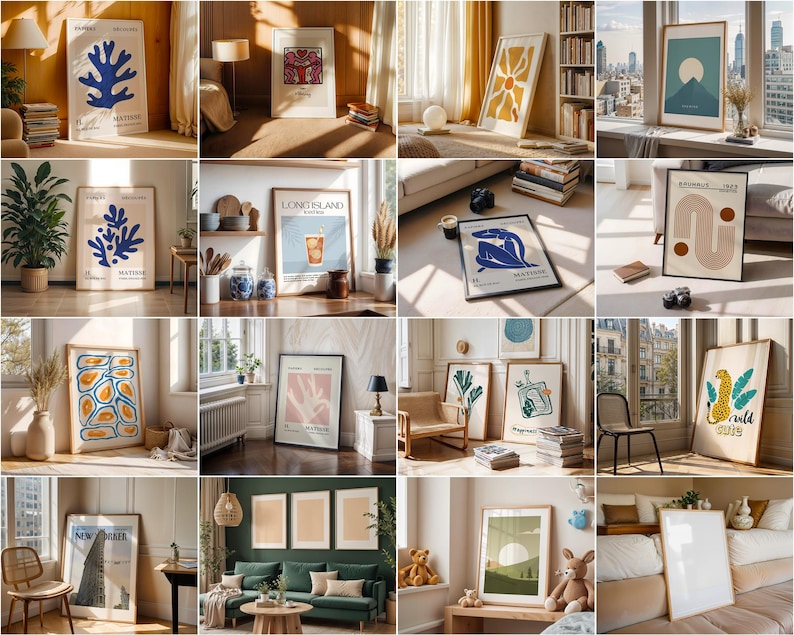 May include: A collection of 16 framed art prints with various abstract designs, including geometric shapes, floral patterns, and nature-inspired motifs. The prints are displayed in a variety of settings, including living rooms, bedrooms, and offices.