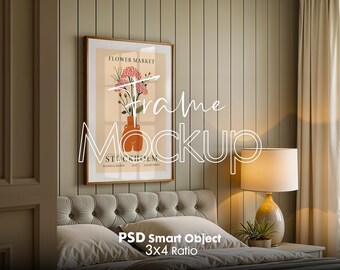 May include: A framed poster with a floral illustration and the text "FLOWER MARKET STOCKHOLM". The poster is hanging on a wall in a bedroom with a bed and a lamp.