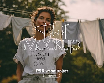 Woman White T-Shirt Mockup PSD, Gildan 64000 Model Tee Template for Fashion Design & Branding