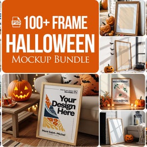 Puede incluir: Una colección de maquetas de arte enmarcadas con temática de Halloween. La imagen presenta calabazas, marcos decorativos y el texto "100+ FRAME HALLOWEEN MOCKUP BUNDLE". Los marcos se muestran en varios entornos.