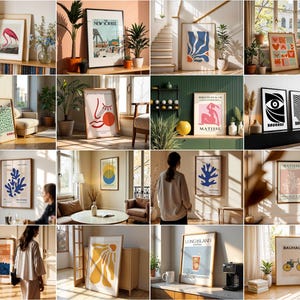 May include: A collection of framed art prints featuring various designs, including abstract shapes, floral motifs, and illustrations. The prints are displayed in different rooms and settings, showcasing their versatility.