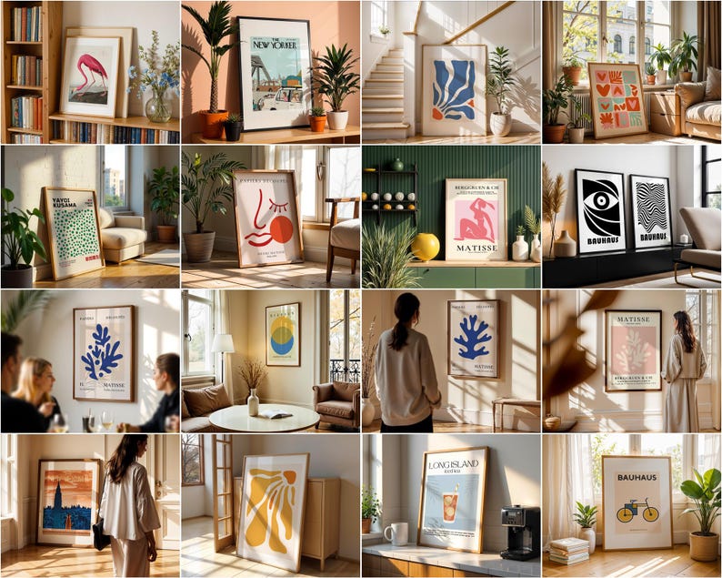 May include: A collection of framed art prints featuring various designs, including abstract shapes, floral motifs, and illustrations. The prints are displayed in different rooms and settings, showcasing their versatility.