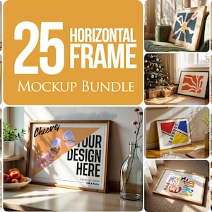 Könnte beinhalten: Ein Mockup-Paket mit 25 horizontalen Rahmen, die verschiedene Designs und Stile präsentieren. Die Rahmen werden in verschiedenen Umgebungen gezeigt, darunter ein Wohnzimmer, ein Schlafzimmer und ein Heimbüro. Die Rahmen sind aus Holz gefertigt und haben eine natürliche Oberfläche. Das Paket enthält eine Vielzahl von Größen und Formen, sodass Sie leicht den perfekten Rahmen für jedes Projekt finden.