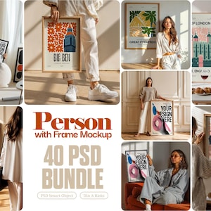 Pode incluir: Uma coleção de impressões de arte emolduradas e maquetes. As impressões apresentam vários designs, incluindo o Big Ben, as Grandes Pirâmides e arte abstrata. A imagem também inclui o texto "Person with Frame Mockup" e "40 PSD BUNDLE".