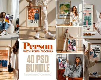May include: A collection of framed art prints and mockups. The prints feature various designs, including the Big Ben, Great Pyramids, and abstract art. The image also includes the text "Person with Frame Mockup" and "40 PSD BUNDLE".