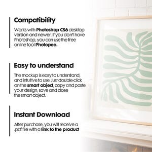May include: A framed mockup with a green and white abstract leaf design. The text "Compatibility" is visible, along with information about using Photoshop or Photopea to edit the mockup. The text "Easy to understand" and "Instant Download" are also visible.