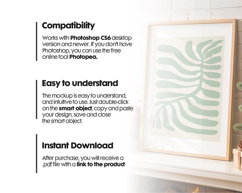 May include: A framed mockup with a green and white abstract leaf design. The text "Compatibility" is visible, along with information about using Photoshop or Photopea to edit the mockup. The text "Easy to understand" and "Instant Download" are also visible.