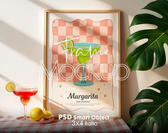 May include: A framed mockup with a pink and white checkered background. The text "Frame Mockup" is written in white letters. A margarita glass with a green drink and lime wedge is in the center of the frame. The text "Margarita" is written below the glass. The text "PSD Smart Object 3x4 Ratio" is written at the bottom of the frame.