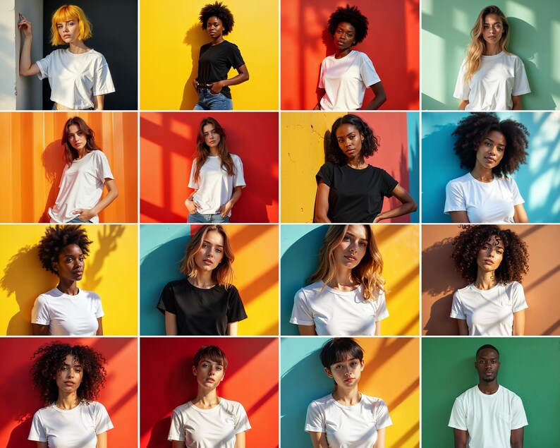 May include: A collage of 16 images featuring people wearing white t-shirts against colorful backgrounds. The images are arranged in a 4x4 grid.
