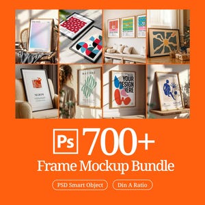 Puede incluir: Una colección de impresiones artísticas enmarcadas, mostrando diversos diseños y colores. La imagen incluye el texto "Ps 700+ Frame Mockup Bundle" y "PSD Smart Object Din A Ratio".