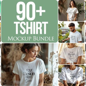 90 T-Shirt Mockup PSD | Gildan 64000 & Bella Canvas 3001 Print on Demand Tee Mockups for Designers, Boho Style Tshirt, Smart Object PSD