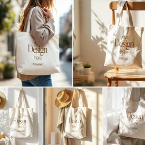 May include: Four white canvas tote bags with the text "Your Design Here" printed in gold. The bags are shown in different settings, including a woman carrying one, a bag hanging on a chair, and two bags hanging on a wall.