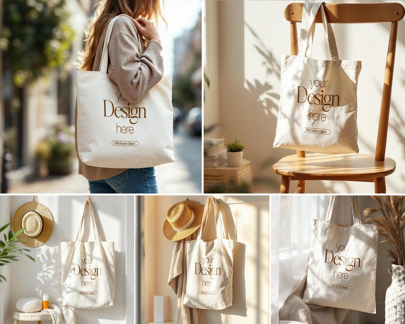 May include: Four white canvas tote bags with the text "Your Design Here" printed in gold. The bags are shown in different settings, including a woman carrying one, a bag hanging on a chair, and two bags hanging on a wall.