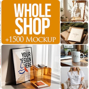 May include: A collection of over 1500 mockups for various products, including mugs, t-shirts, tote bags, and framed posters. The mockups are displayed in a variety of settings, such as a home office, a coffee shop, and a retail store.