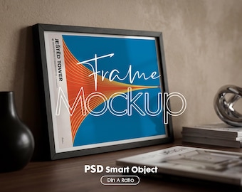 Horizontal Black Frame Poster Mockup: Wall Art Poster, DIN A Ratio (PSD)