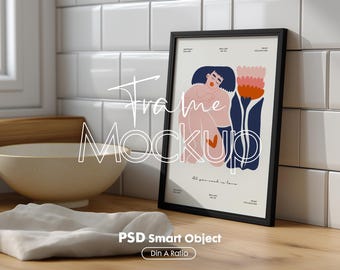Vertical Kitchen Frame Mockup PSD : Wall Art Poster, Blank Wooden Frame (Digital Download)