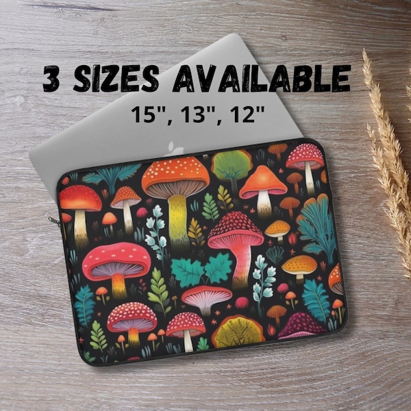 Mushrooms Laptop Sleeve: Funny Magic Colorful Tablet Case, Cottagecore Tech Accessories, Original Birthday Gift, 12 13 15 Inches Padded Bag