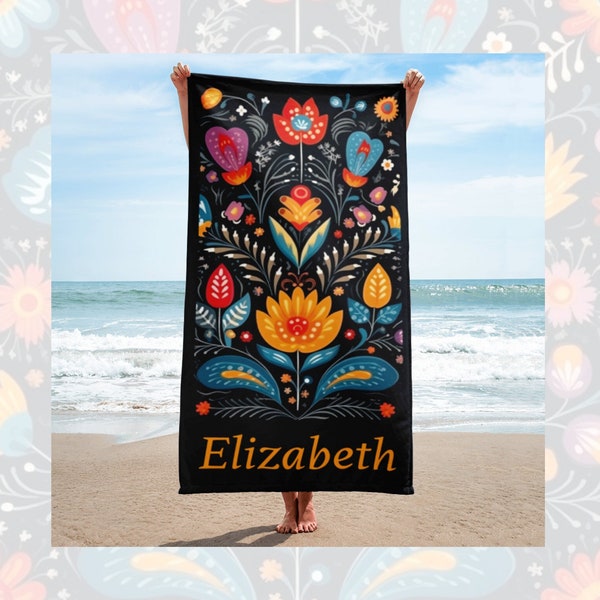 Floral Boho Towel: Colorful Vintage Flowers, Personalized Name, Bathroom Accessories, Beach Pool Sauna, Custom Birthday Gift, Women Her Girl