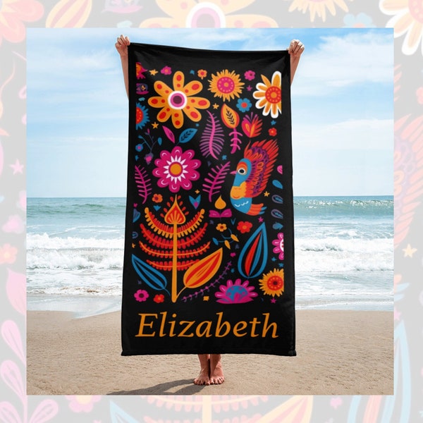 Custom Name Towel: Flowers Boho Bird, Bathroom Accessories, Beach Sauna Pool, Cute Birthday Gift, Personalized Colorful, Girl Sister Woman