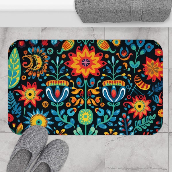 Boho Floral Bath Mat: Non-Slip Microfiber Memory Foam Rug, Colorful Abstract Floral Pattern, Durable Bathroom Decor, Soft Touch Accessories