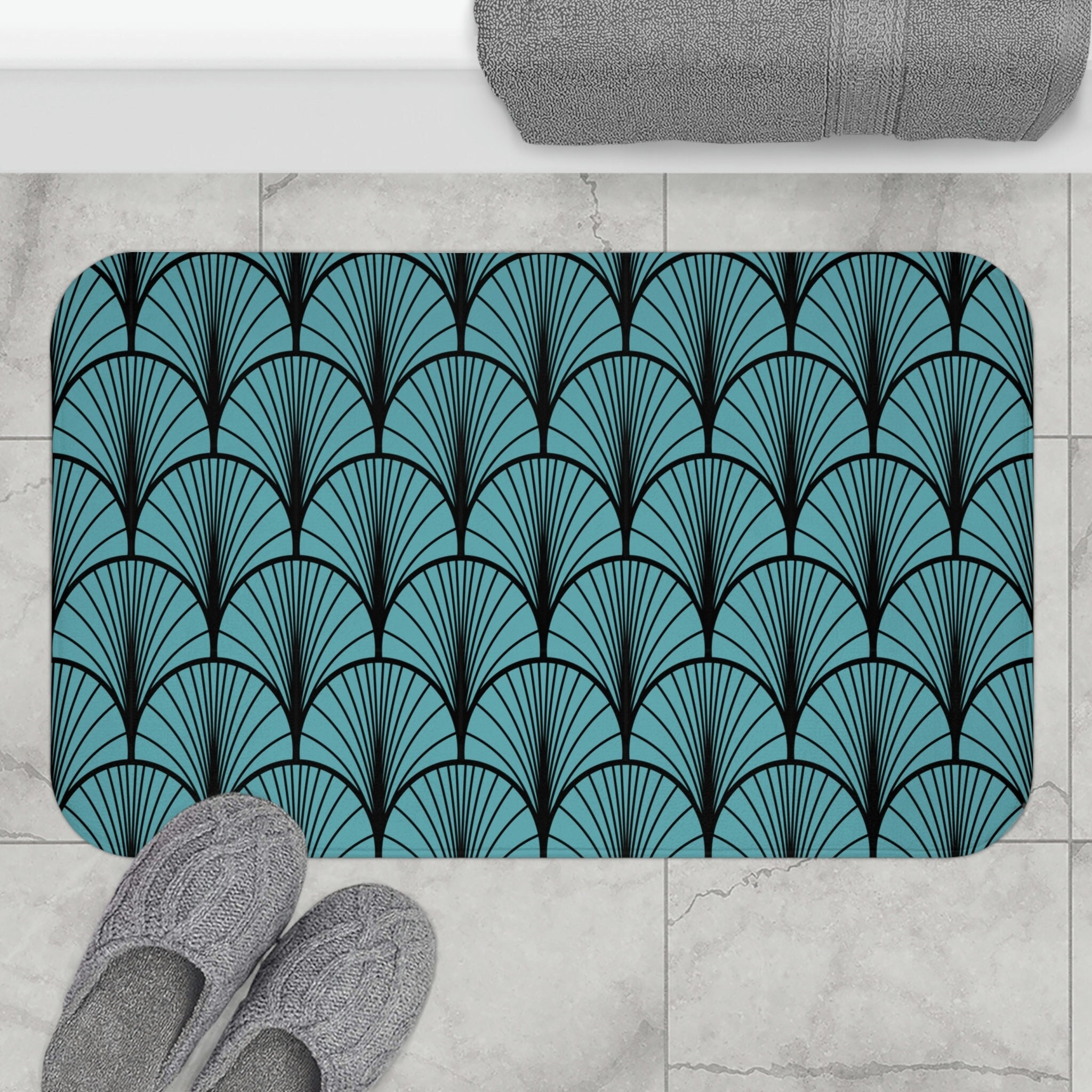 Art Deco Bath Mat Turquoise Fan Pattern Nonslip, Unique and Stylish