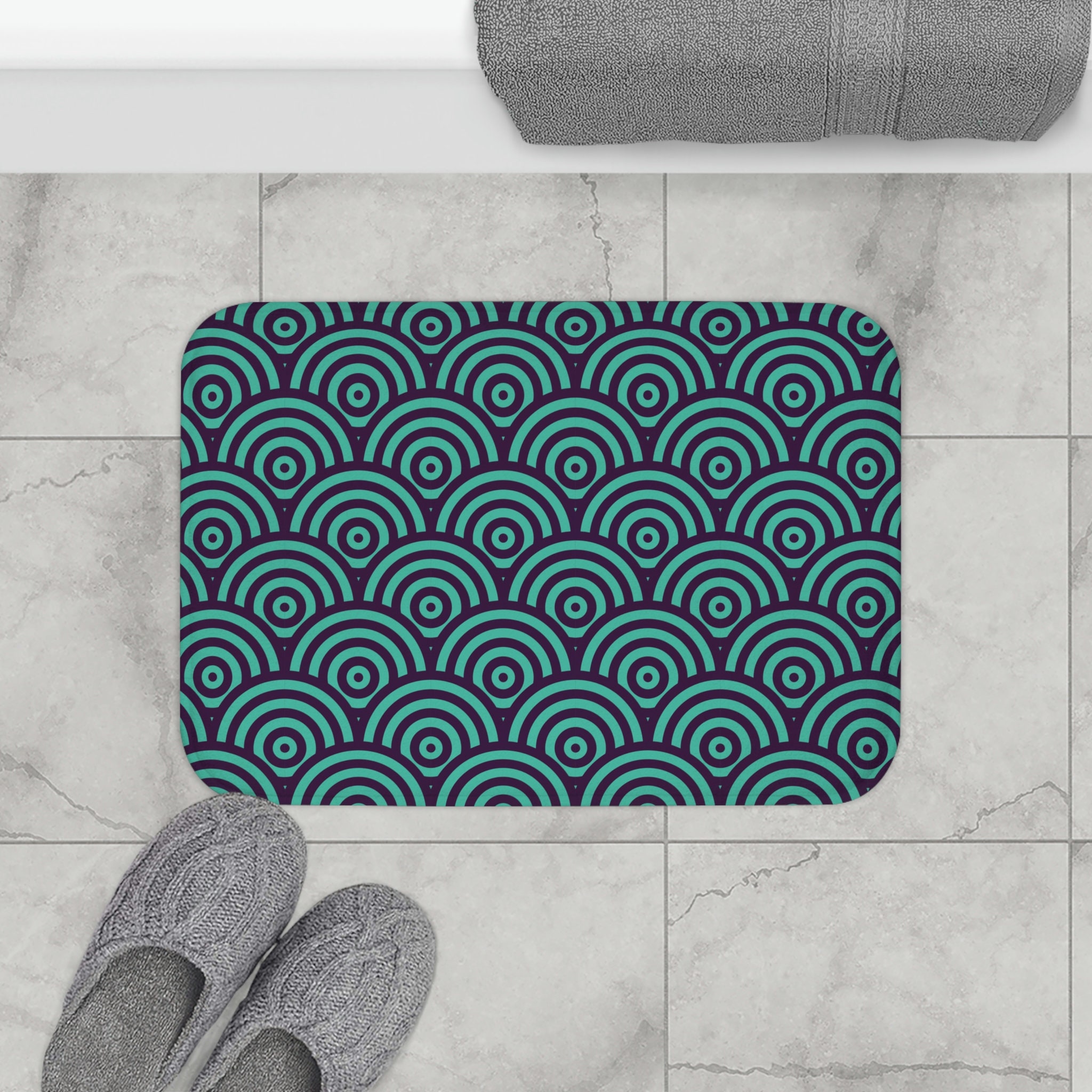Japanese Wave Teal Bath Mat: Geometric Turquoise Bathroom Decor, Non-slip  Microfiber Memory Foam, Housewarming Gift, Oriental Interior Ideas 