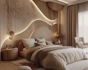 May include: A bedroom with a large bed with a beige headboard and a beige duvet. The bed is in front of a wall with a wooden panel design and a curved light fixture. There is a nightstand next to the bed and a chair in the corner of the room.