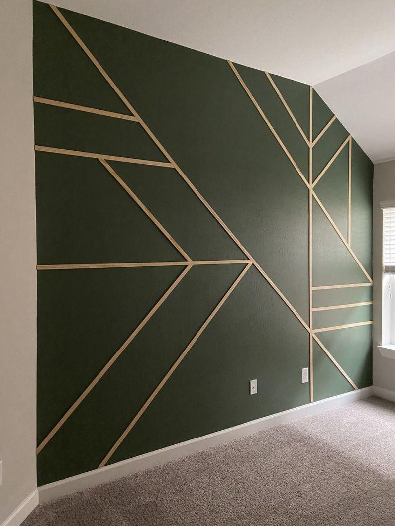 May include: A dark green wall with a geometric pattern created using thin strips of wood. The wood strips are arranged in a grid pattern, creating a modern and stylish look.