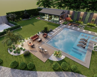 Online Backyard Design, Backyard 3D Rendering, 3d Rendering, Custom, Landscape Design, Pool Design, Pergola Design, Patio Design