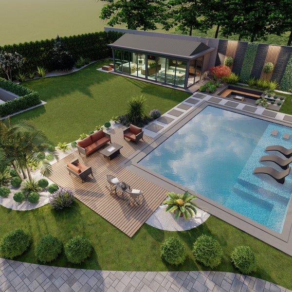 Online Backyard Design, Backyard 3D Rendering, 3d Rendering, Custom, Landscape Design, Pool Design, Pergola Design, Patio Design