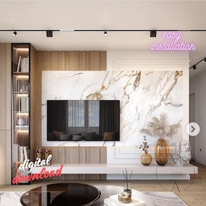 May include: A modern living room with a white marble wall, a large flat screen TV, and a wooden shelf with books. The wall is decorated with a white marble tile with gold veins. The TV is mounted on the wall and is surrounded by a white shelf. The shelf is decorated with a vase of dried flowers and a few books. The room is lit by track lighting. The text "easy installation" is written in pink on the wall. The text "digital download" is written in pink on the floor.