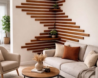 Decoração de parede em madeira, prateleiras de canto, flutuantes, arte de parede moderna
