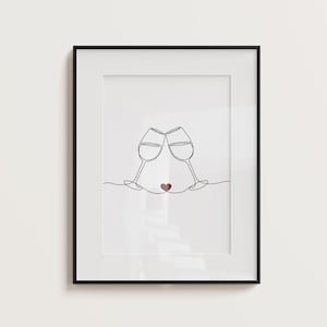 Impression vin, trait fin, boissons, cheers, impressions de chariot de bar, art culinaire, dessin au trait, impression minimale, mur de galerie, décoration d'intérieur