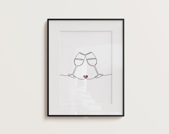 Impresión de vino de línea fina, bebidas, brindis, impresiones para carritos de bar, arte de cocina, dibujo lineal, impresión minimalista, pared de galería, decoración del hogar