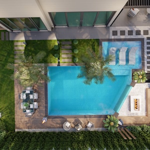 Könnte beinhalten: Eine Luftaufnahme eines Hinterhofs mit einem Schwimmbad, Liegestühlen, einer Feuerstelle und einem Esstisch. Der Pool ist von üppigem Grün und einem Holzdeck umgeben.