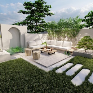 May include: A white outdoor sectional sofa with white cushions sits on a patio with a white wall and green grass. There are four wooden stools and a metal coffee table in front of the sofa. There are also two small trees and a white planter with a small tree in it.